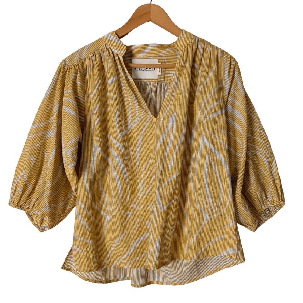 CLOSED Boho Yellow Print V-Neck Blouse Balloon Sleeves, Small